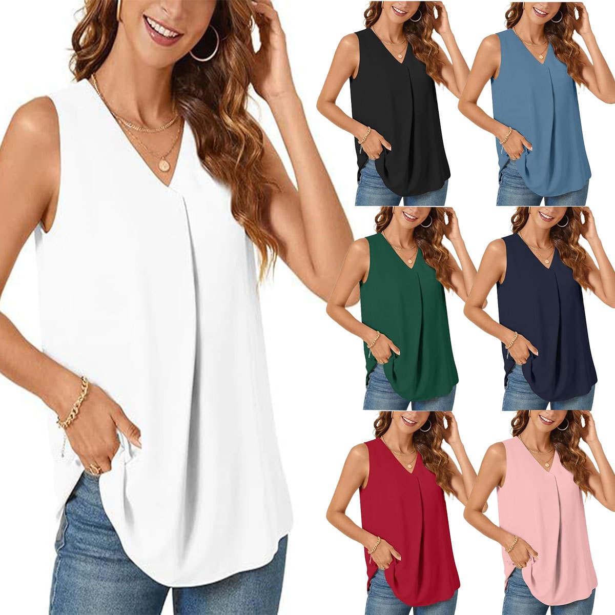 Loose-fit Solid-color Top T-shirt V-neck Sleeveless Vest