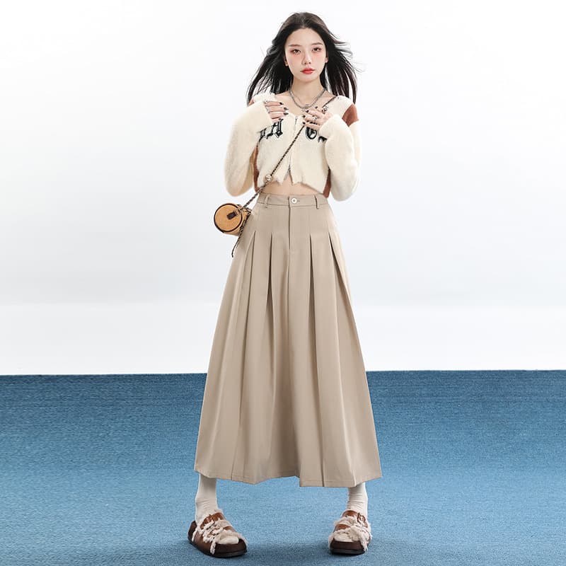 Khaki High-waisted Midi Pleated Skirt Womens Skirt