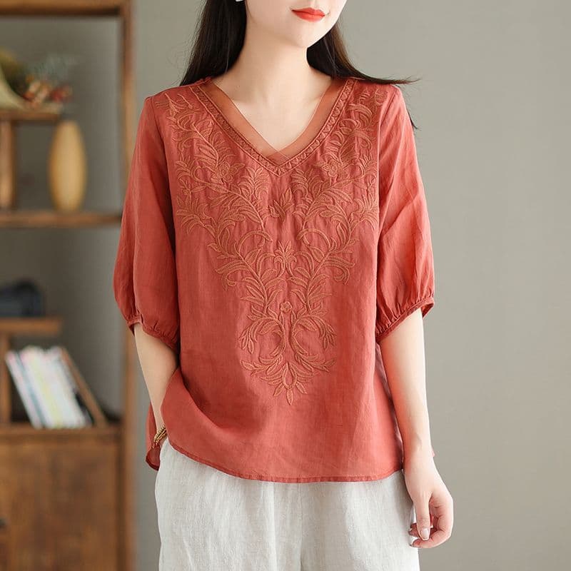 Embroidered Casual Versatile Lightweight High-end Cotton-linen Shirt