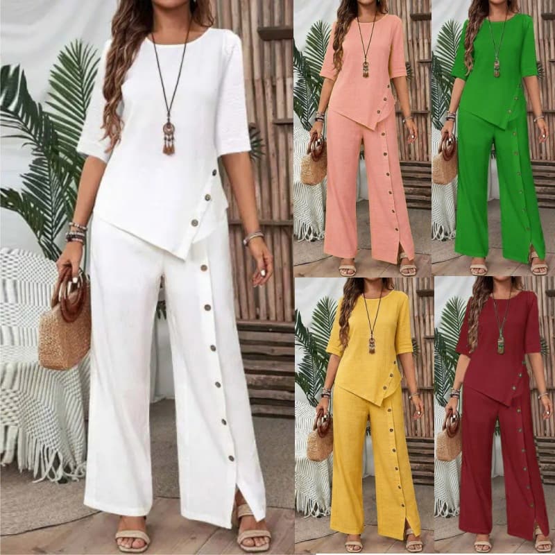 Irregular Hem Elegant Buttoned Half-sleeve Shirt And Trousers Set