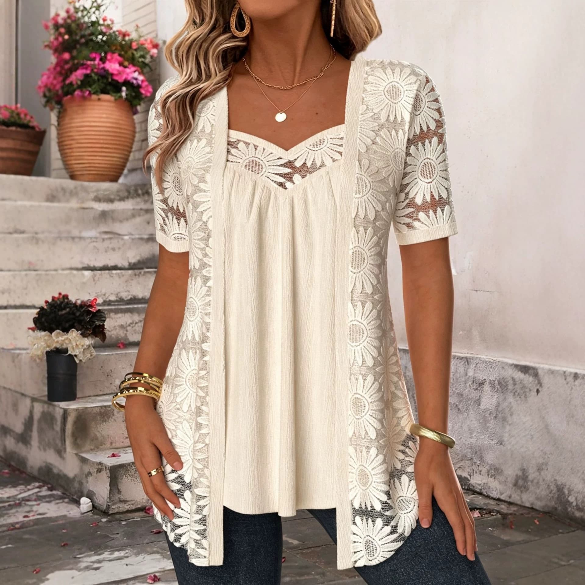 Womens Fashionable Floral-pattern Lace Mesh Hollow-out Trim Faux Two-piece Top