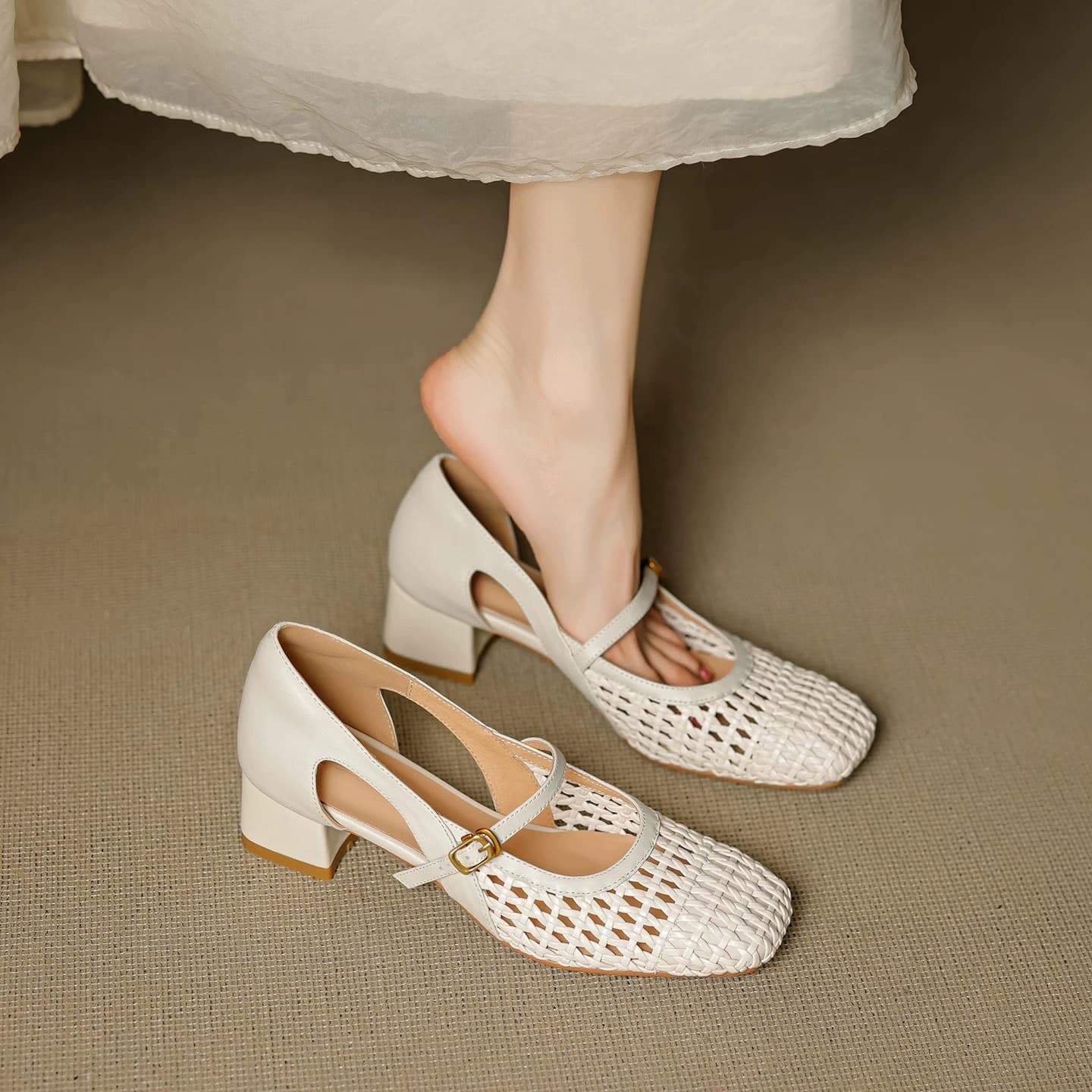 Square Toe Woven Openwork Mary Jane Sandals Women Mid Heel Single Strap