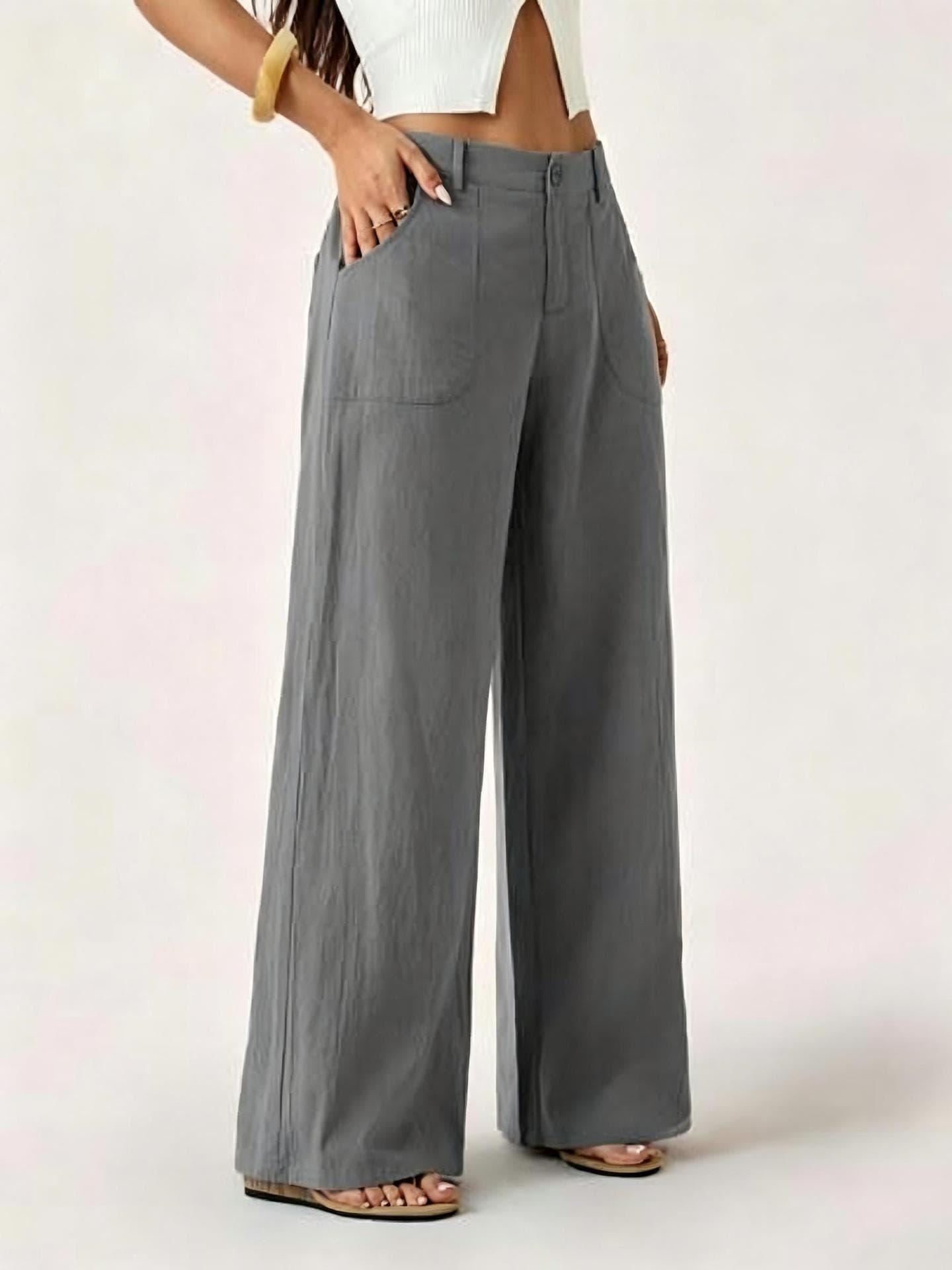 New Womens Cotton-linen Wide-leg Pants