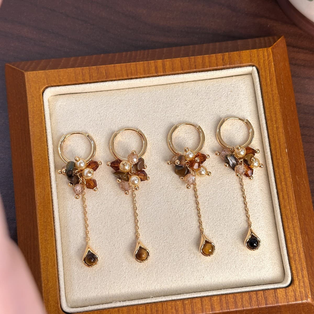 Tigers Eye Tassel Pearl Earrings For Women