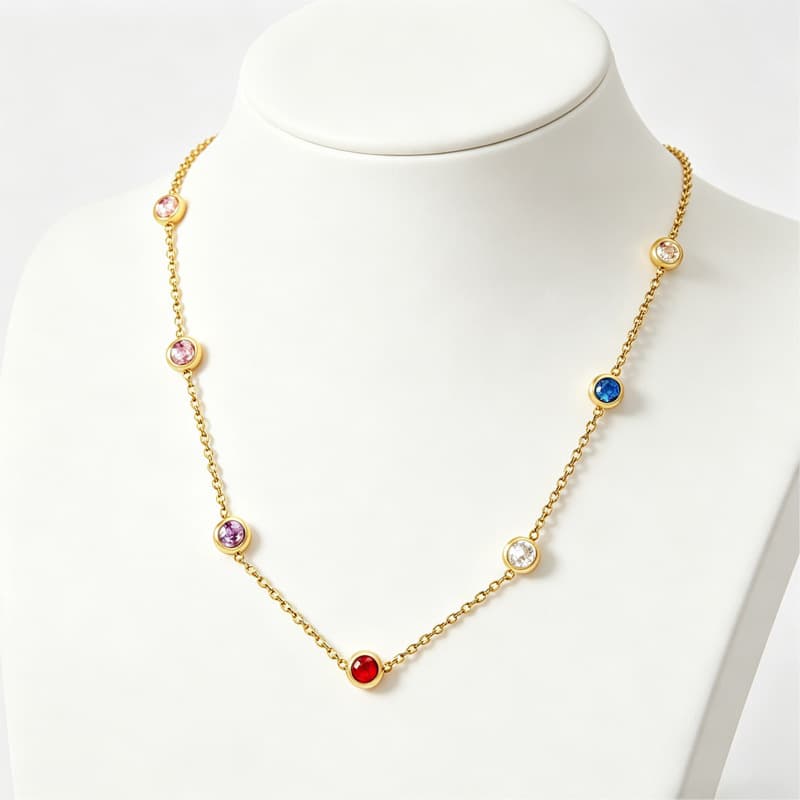 Fashionable And Minimalist Mixed-color Round-diamond Pendant Stainless Steel Necklace