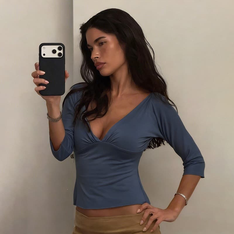 Three-quarter-sleeve Solid-color Waist-cinching Slimming Top