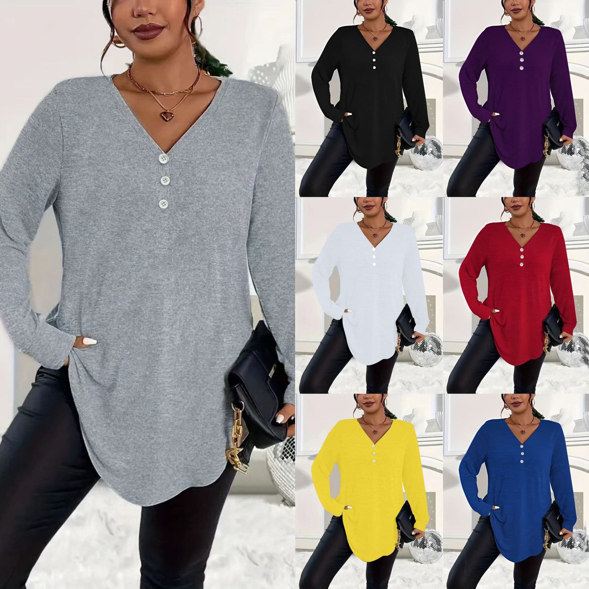 Womens Plus-Size Solid-Color Long-Sleeve Top With Buttons