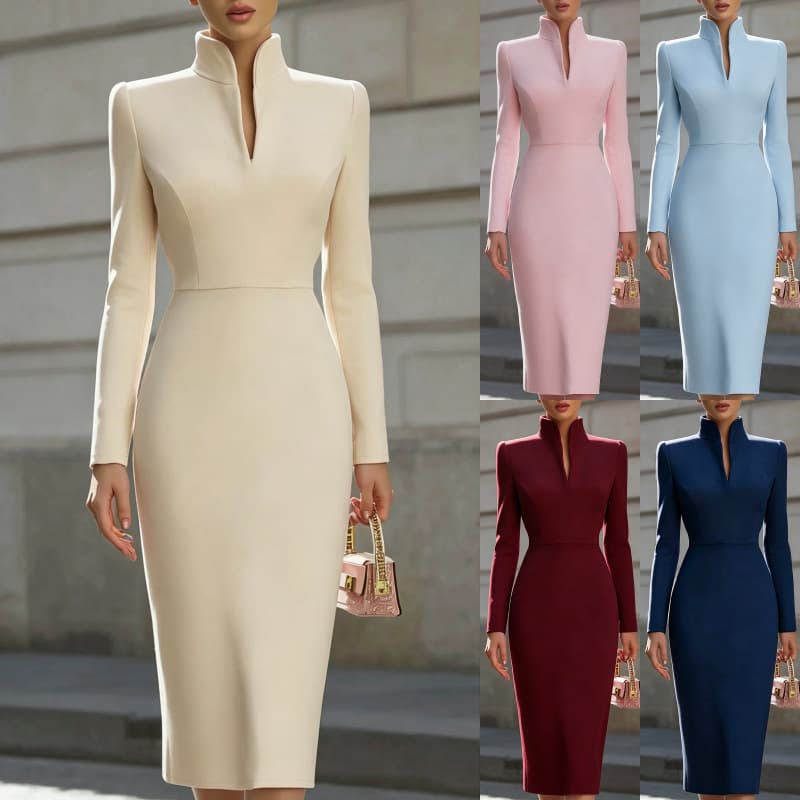 Elegant Solid Color Stand Collar Long Sleeve Dress