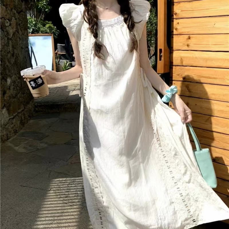 Womens Solid-color French-style Soft-look Hollow-out Bishop-sleeve Lace-up Dress