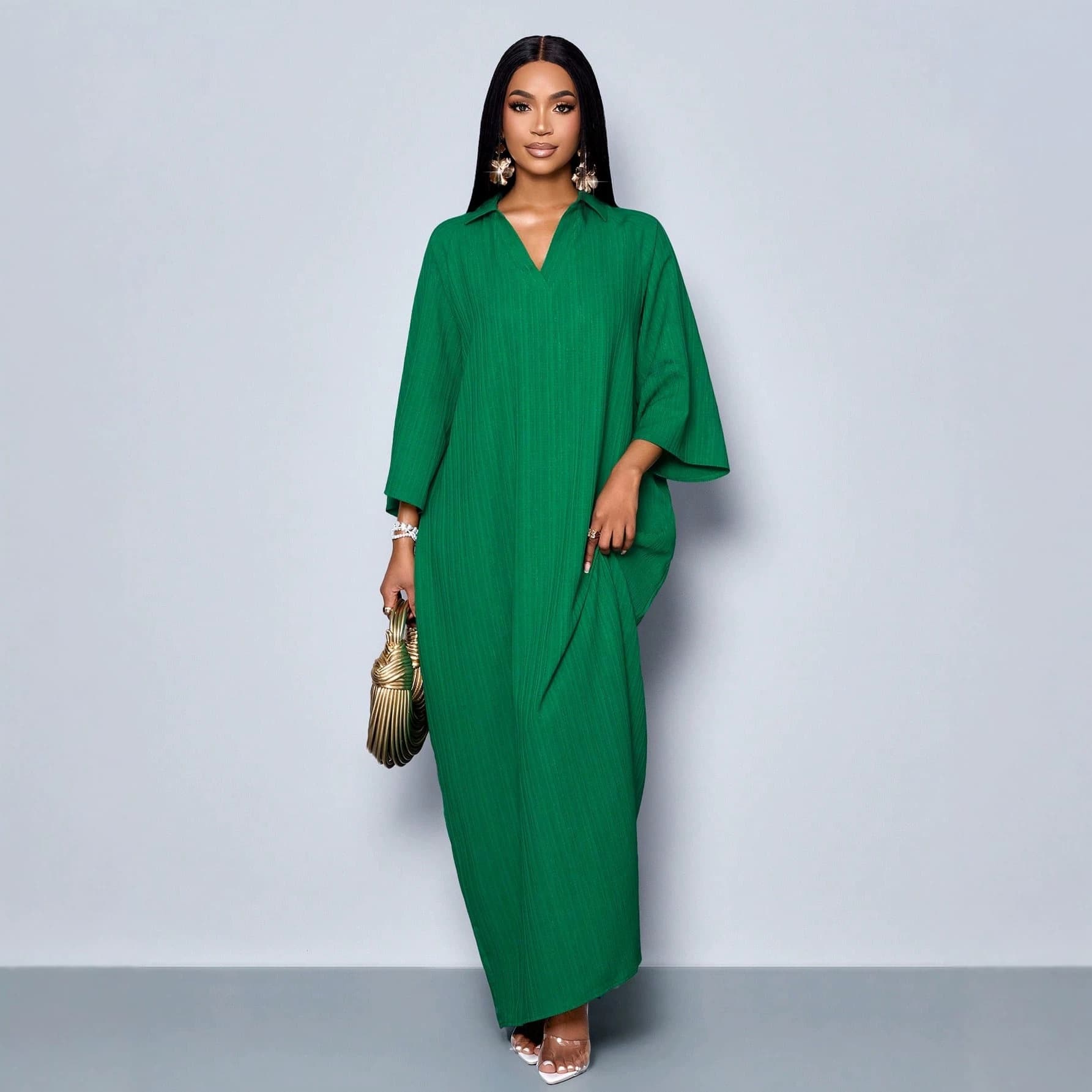 Womens Solid-Color Draped Textured V-Neck Dress